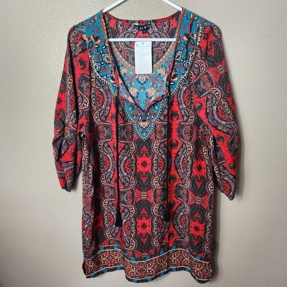 NLW Boho Paisley Mixed Print Mini Shift Dress-Size L (NWT)
